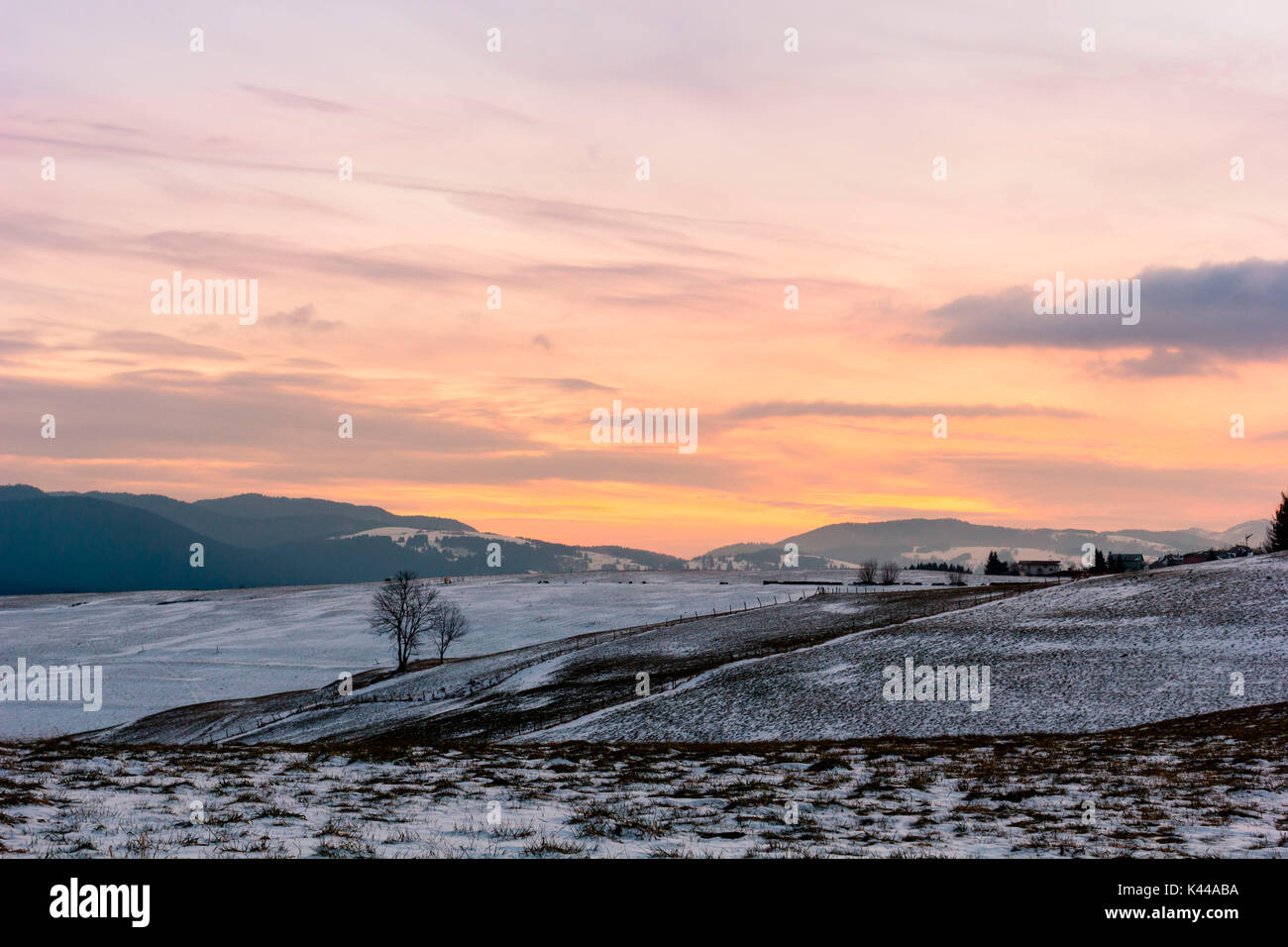 Winter, Altopiano of Asiago, Province of Vicenza, Veneto, Italy. Sunset and snow in the country. Stock Photo