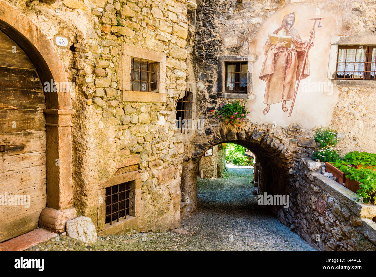 Canale, Tenno, Province of Trento, Trentino Alto Adige, Italy. Medieval village on mountain above lake. Stock Photo