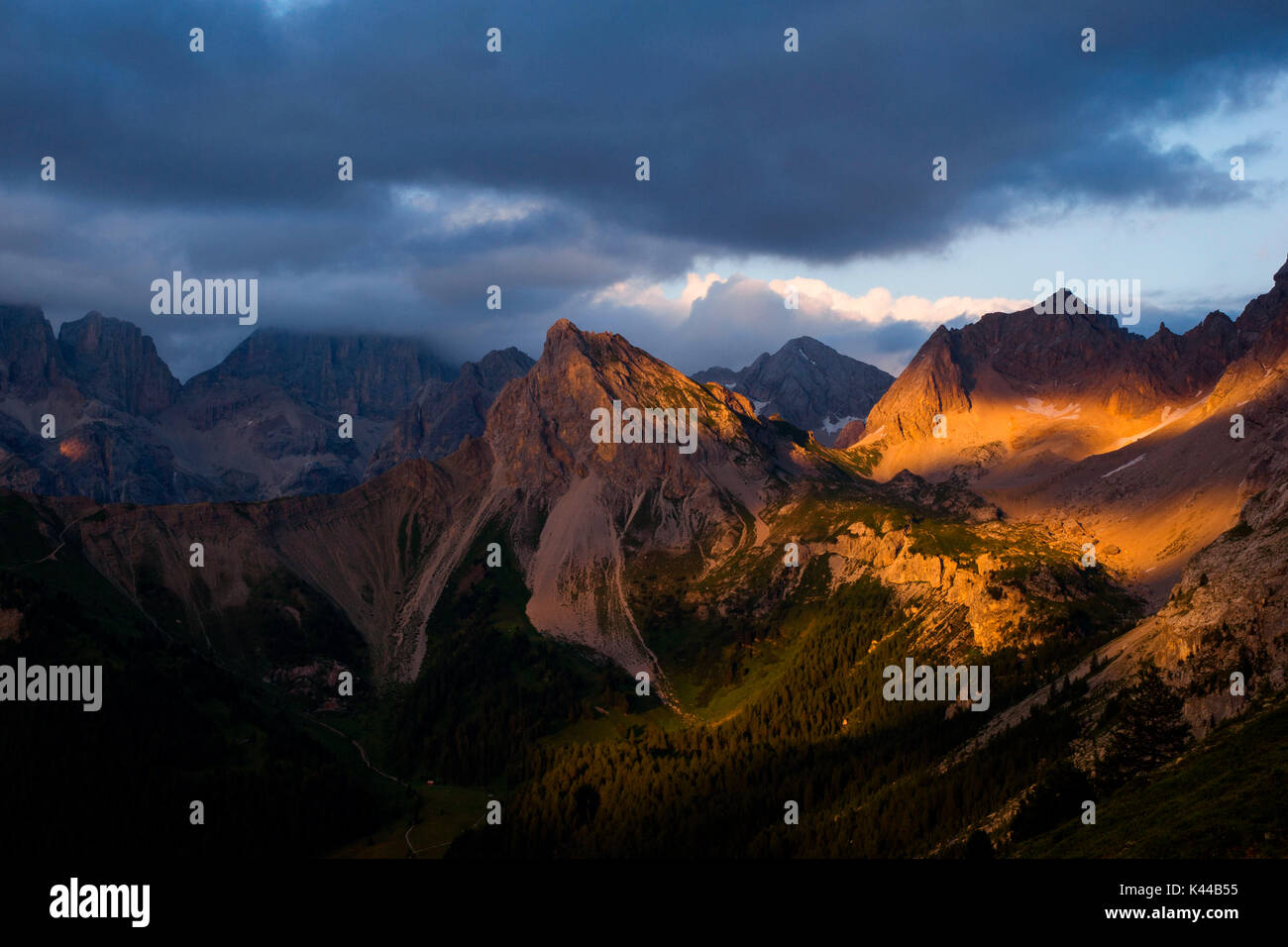 Europe,Italy,Trentino,Dolomites,Fassa Valley. Col Ombert at sunset Stock Photo
