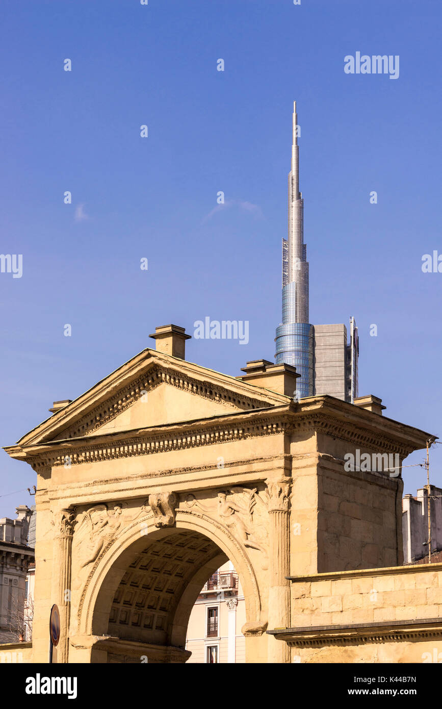 Milan, Porta Nuova District, Lombardy, Italy. The Porta Nuova and on the background the Unicredit Tower Stock Photo
