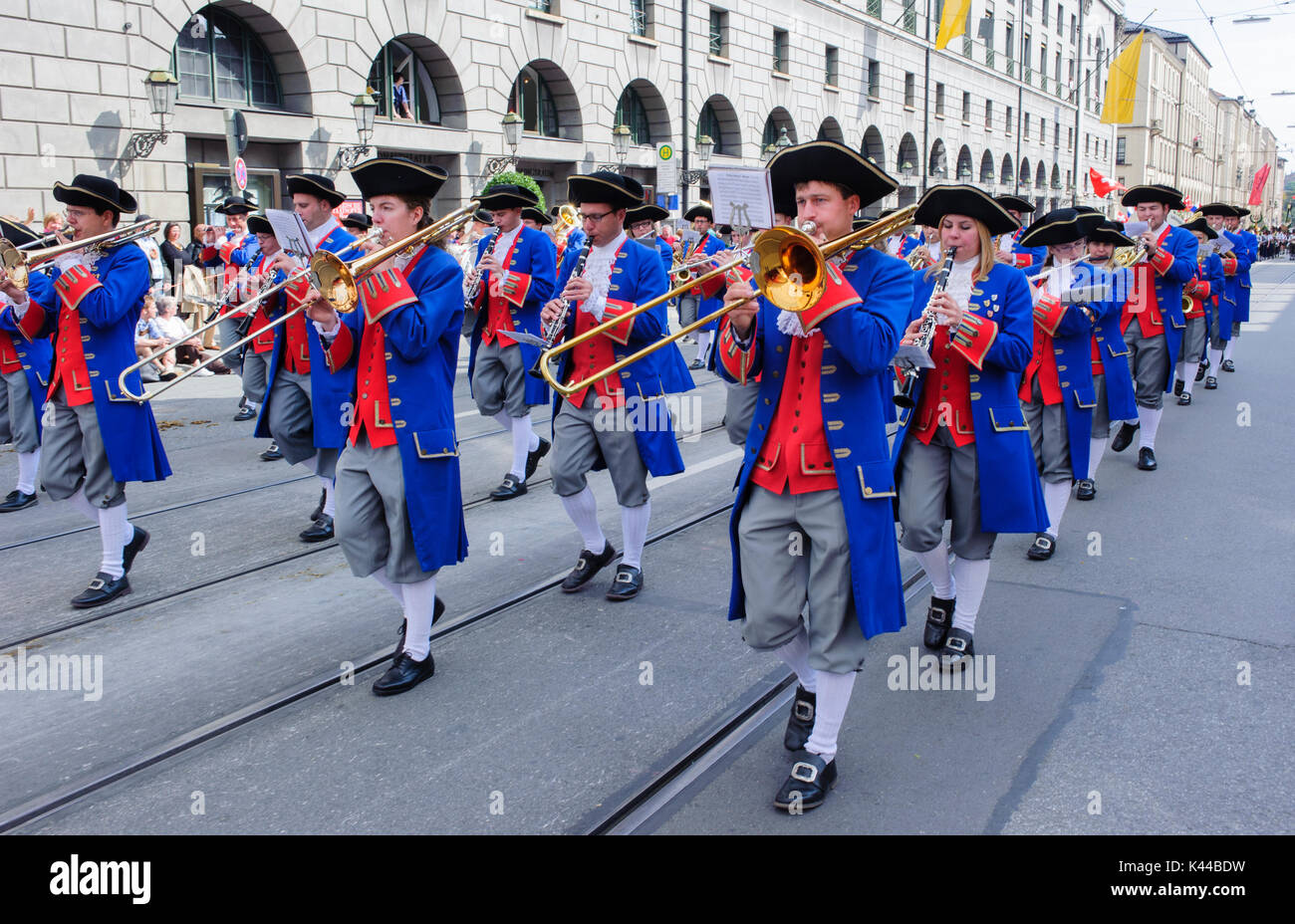 The Oktoberfest in Munich is the world-biggest beer festival and at the public opening parade 9000 participants take place with music bands and horses Stock Photo