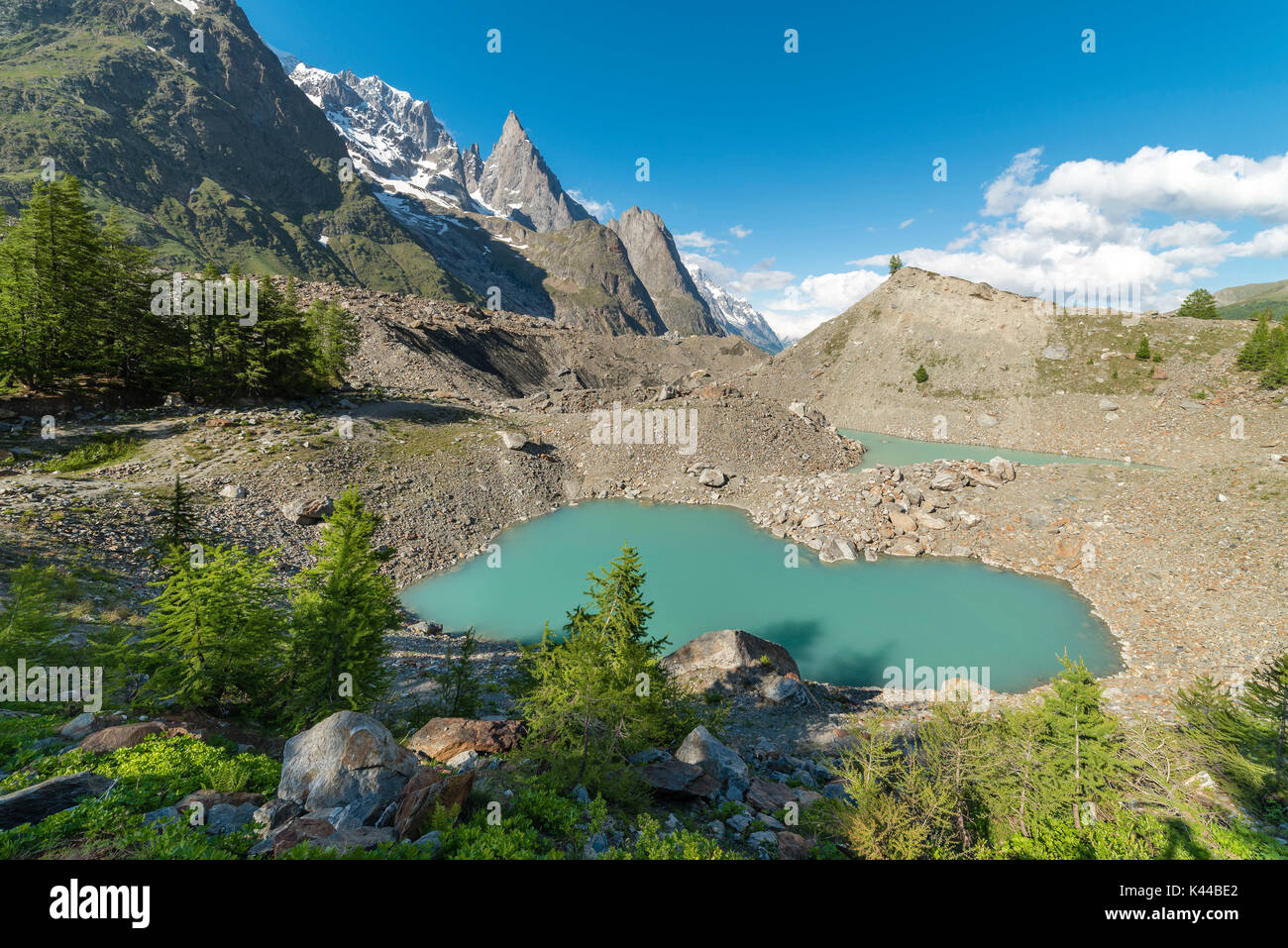 Miage lake at Veny valley, in the background the Aiguille Noire de Peteurey, Mont Blanc massif, Aosta province, Italy, Europe. Stock Photo