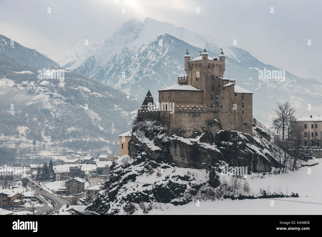 Castle of Saint Pierre with snow. Saint-Pierre, province of Aosta, Aosta Valley, Italy Stock Photo