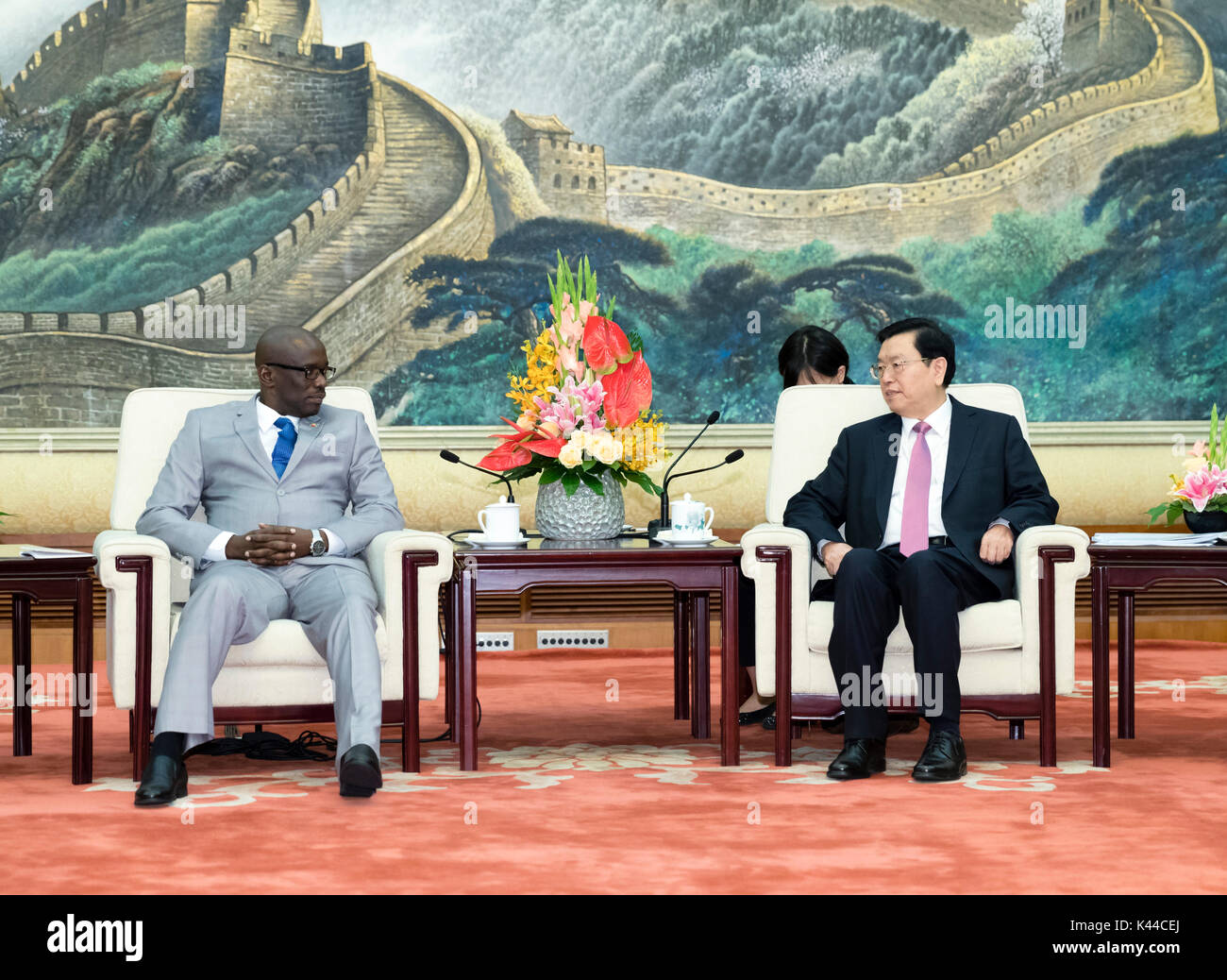Beijing, China. 4th Sep, 2017. Zhang Dejiang (R), chairman of the Standing Committee of the National People's Congress (NPC), meets with Burundi Senate Speaker Reverien Ndikuriyo at the Great Hall of the People in Beijing, capital of China, Sept. 4, 2017. Credit: Ding Haitao/Xinhua/Alamy Live News Stock Photo