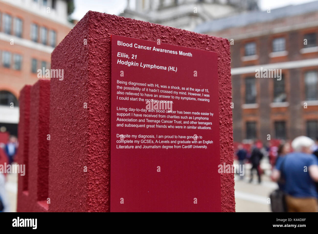 London, UK.  4 September 2017.   104 three dimensional names have been installed in Paternoster Square near St. Paul's cathedral to mark the launch of the 'Make Blood Cancer Visible' campaign.  Designed by Paul Cocksedge, the typographic forest of names represents the 104 individuals diagnosed with blood cancer daily.  Each piece symbolises an individual with blood cancer, the height corresponds to the height of that individual and bears a write-up of their particular type of blood cancer.   Credit: Stephen Chung / Alamy Live News Stock Photo