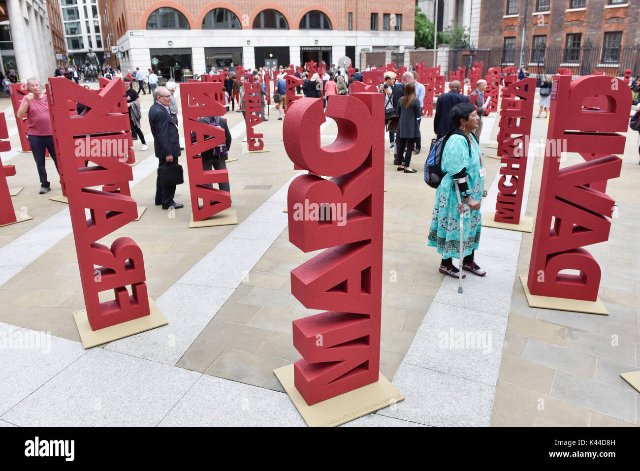 London, UK.  4 September 2017.   104 three dimensional names have been installed in Paternoster Square near St. Paul's cathedral to mark the launch of the 'Make Blood Cancer Visible' campaign.  Designed by Paul Cocksedge, the typographic forest of names represents the 104 individuals diagnosed with blood cancer daily.  Each piece symbolises an individual with blood cancer, the height corresponds to the height of that individual and bears a write-up of their particular type of blood cancer.   Credit: Stephen Chung / Alamy Live News Stock Photo