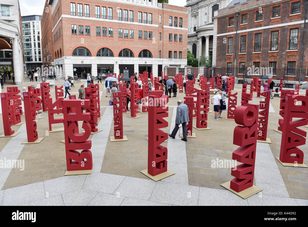 London, UK.  4 September 2017.   104 three dimensional names have been installed in Paternoster Square near St. Paul's cathedral to mark the launch of the 'Make Blood Cancer Visible' campaign.  Designed by Paul Cocksedge, the typographic forest of names represents the 104 individuals diagnosed with blood cancer daily.  Each piece symbolises an individual with blood cancer, the height corresponds to the height of that individual and bears a write-up of their particular type of blood cancer.   Credit: Stephen Chung / Alamy Live News Stock Photo