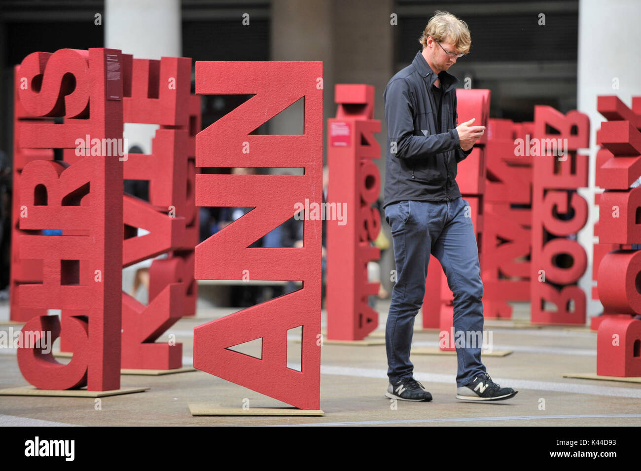 London, UK.  4 September 2017.   104 three dimensional names have been installed in Paternoster Square near St. Paul's cathedral to mark the launch of the 'Make Blood Cancer Visible' campaign.  Designed by Paul Cocksedge, the typographic forest of names represents the 104 individuals diagnosed with blood cancer daily.  Each piece symbolises an individual with blood cancer, the height corresponds to the height of that individual and bears a write-up of their particular type of blood cancer.   Credit: Stephen Chung / Alamy Live News Stock Photo