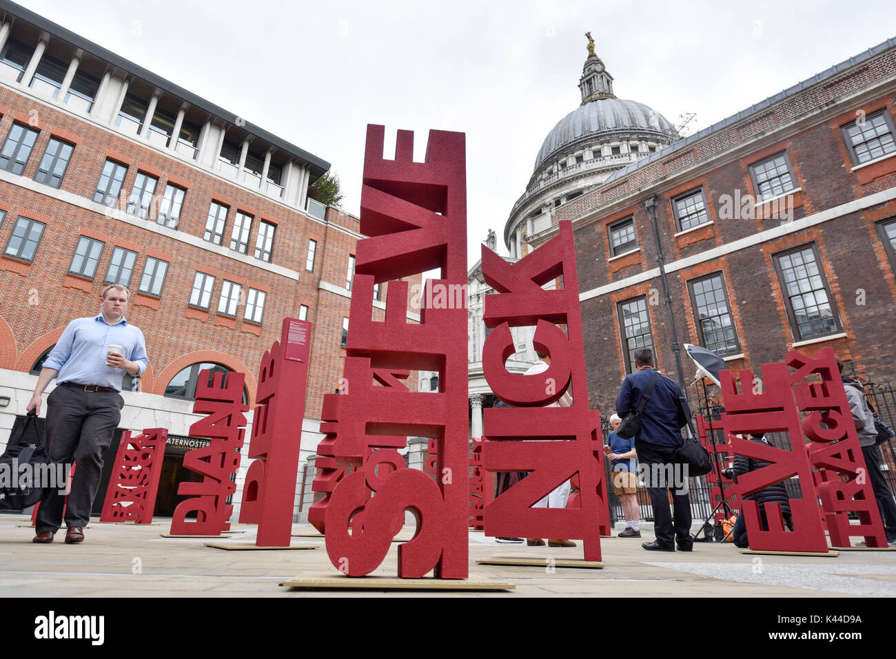 London, UK.  4 September 2017.   104 three dimensional names have been installed in Paternoster Square near St. Paul's cathedral to mark the launch of the 'Make Blood Cancer Visible' campaign.  Designed by Paul Cocksedge, the typographic forest of names represents the 104 individuals diagnosed with blood cancer daily.  Each piece symbolises an individual with blood cancer, the height corresponds to the height of that individual and bears a write-up of their particular type of blood cancer.   Credit: Stephen Chung / Alamy Live News Stock Photo