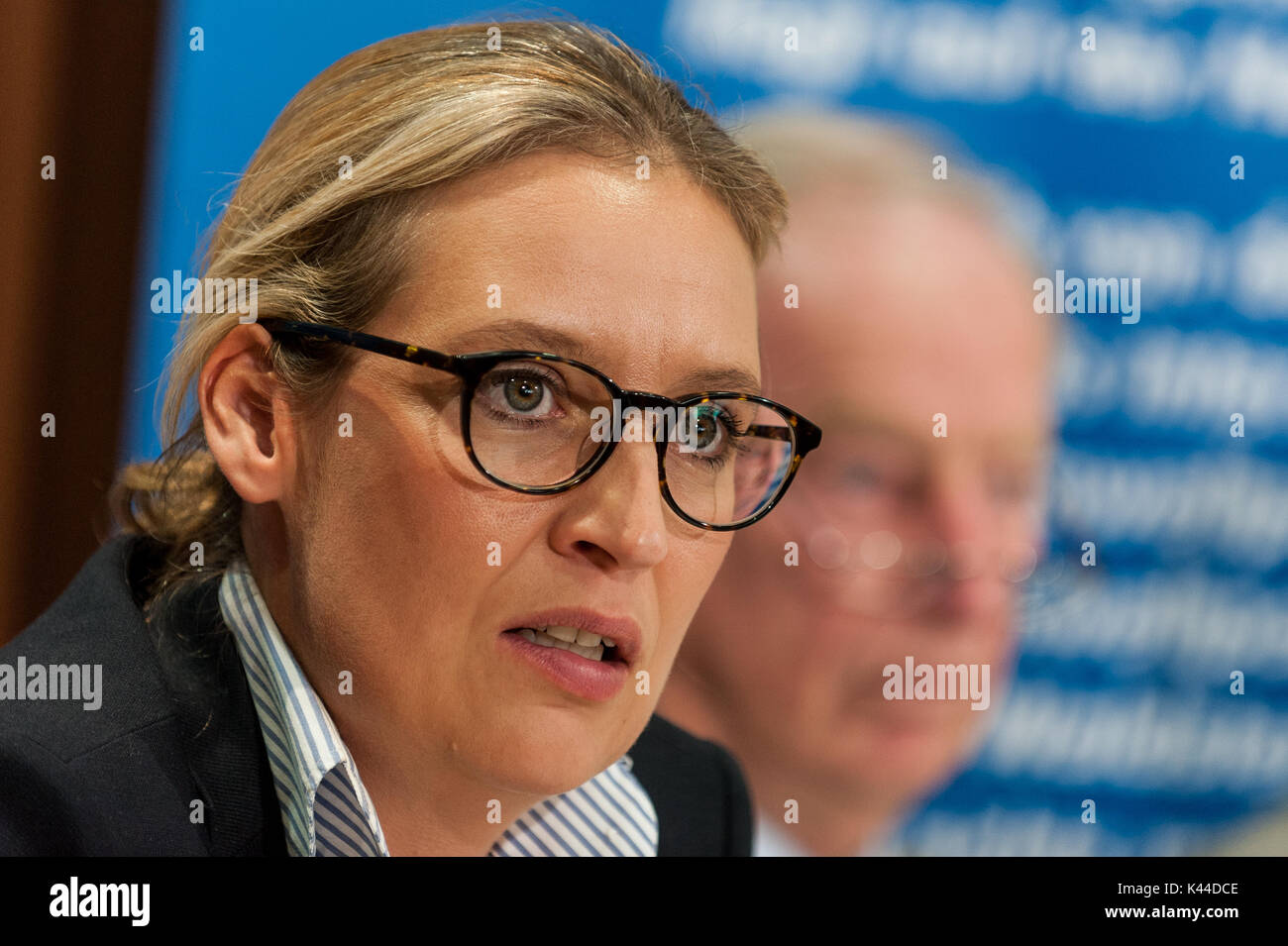 The top candidate of the AfD Alice Weidel speaks during the press conference. The AfD (alternative for Germany) will be presenting its concept for the power generation and diesel engines at the press conference entitled 'Ending Irrigation - Protecting the Environment'. Stock Photo