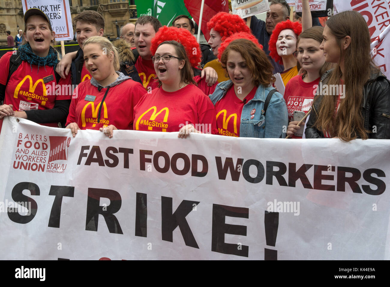 London, Westminster, UK, 4th September 2017. A McDonald’s strike solidarity rally took place at Old Palace Yard, Westminster. This was the first 1 day strike called, and the first in McDonald's history. Amongst supporters speaking were Labour’s shadow chancellor John McDonnell, MP’s, trade unionists, strikers and others. Jeremy Corbyn could not attend the rally, but sent a message of support. Credit: Steve Bell/Alamy Live News. Stock Photo