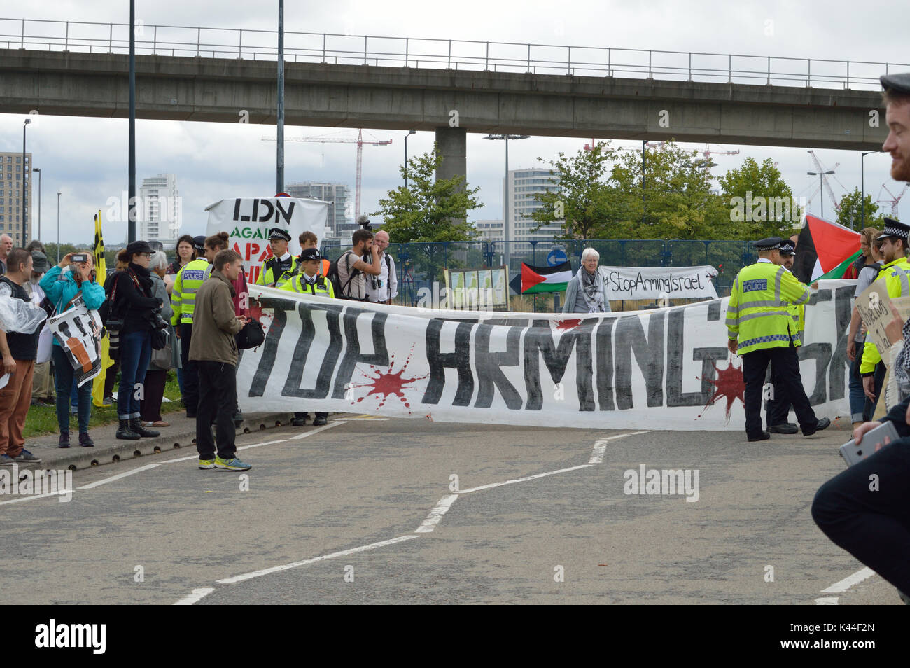 London, UK, 4th September 2017 Protestors outside the Defence and Security Equipment International (DSEI)  2017 exhibition being held at the ExCel exhibition centre in East London. Credit: A Christy/Alamy Live News. Stock Photo