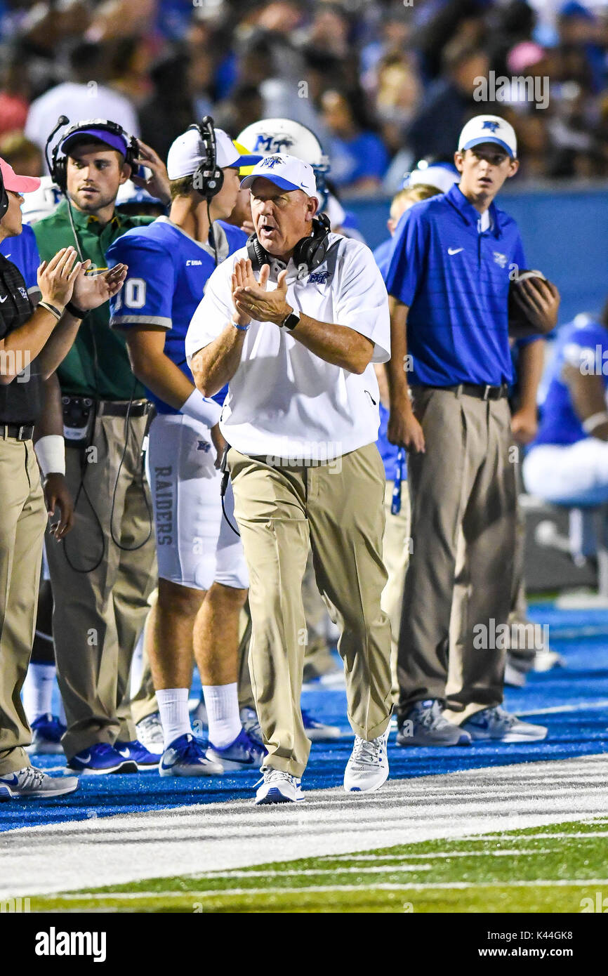 Murfreesboro, TN, USA. 2nd Sep, 2017. MTSU Head Coach Rick Stockstill  during a game between the Vanderbilt Commodores and the MTSU Blue Raiders  at Johnny ''Red'' Floyd Stadium in Murfreesboro, TN. Thomas