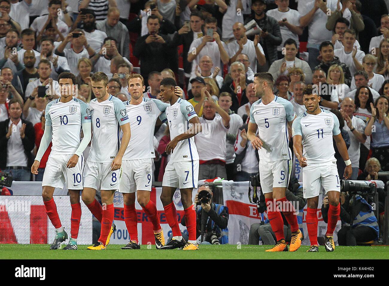 England celebrate after Marcus Rashford (3rd R) scored their winning goal during the FIFA World Cup 2018 Qualifying Group F match between England and Slovakia at Wembley Stadium on September 4th 2017 in London, England. (Photo by Matt Bradshaw/phcimages.com) Stock Photo