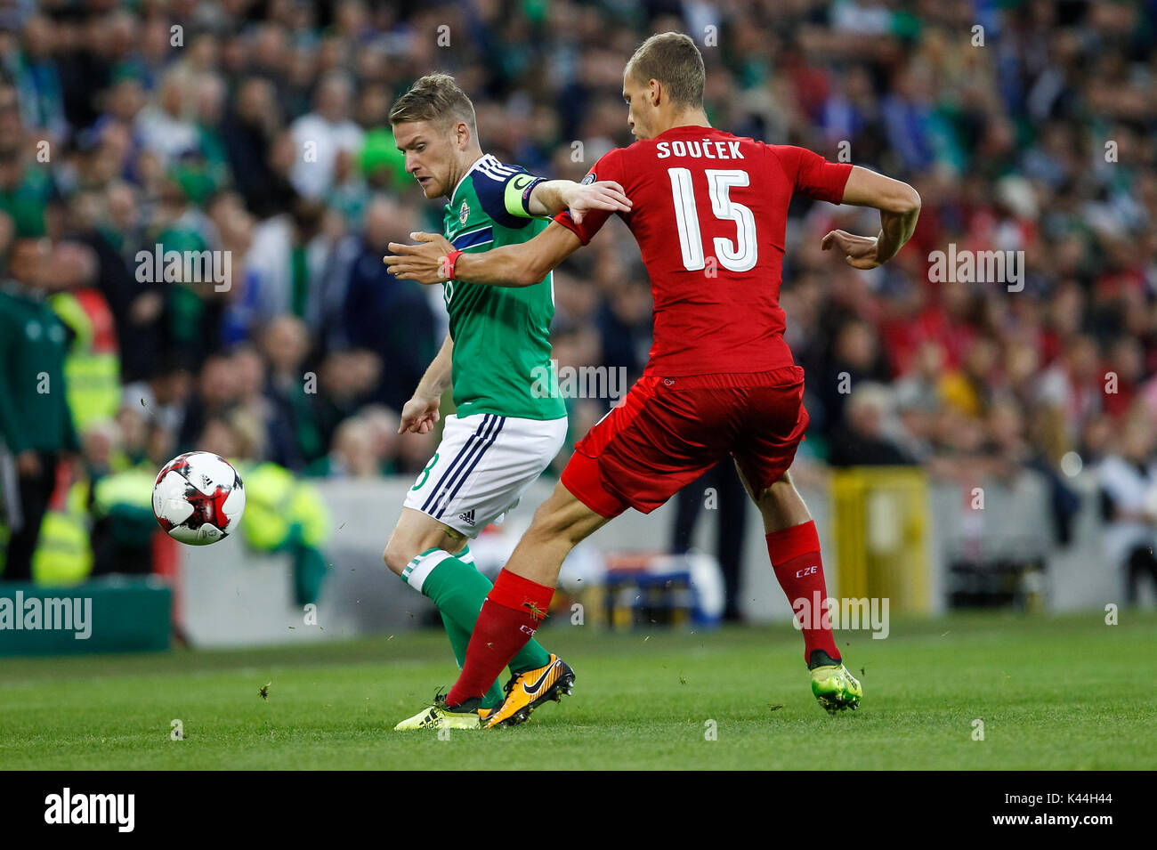 Steven Davis of Northern Ireland and Tomas Soucek of Czech Republic during the FIFA World Cup 2018 Qualifying Group C match between Northern Ireland and Czech Republic at Windsor Park on September 4th 2017 in Belfast, Northern Ireland. (Photo by Daniel Chesterton/phcimages.com) Stock Photo