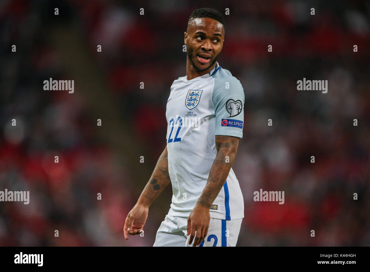 Raheem Sterling of England during the FIFA World Cup 2018 Qualifying Group F match between England and Slovakia at Wembley Stadium on September 4th 2017 in London, England. (Photo by Arron Gent/phcimages.com) Stock Photo