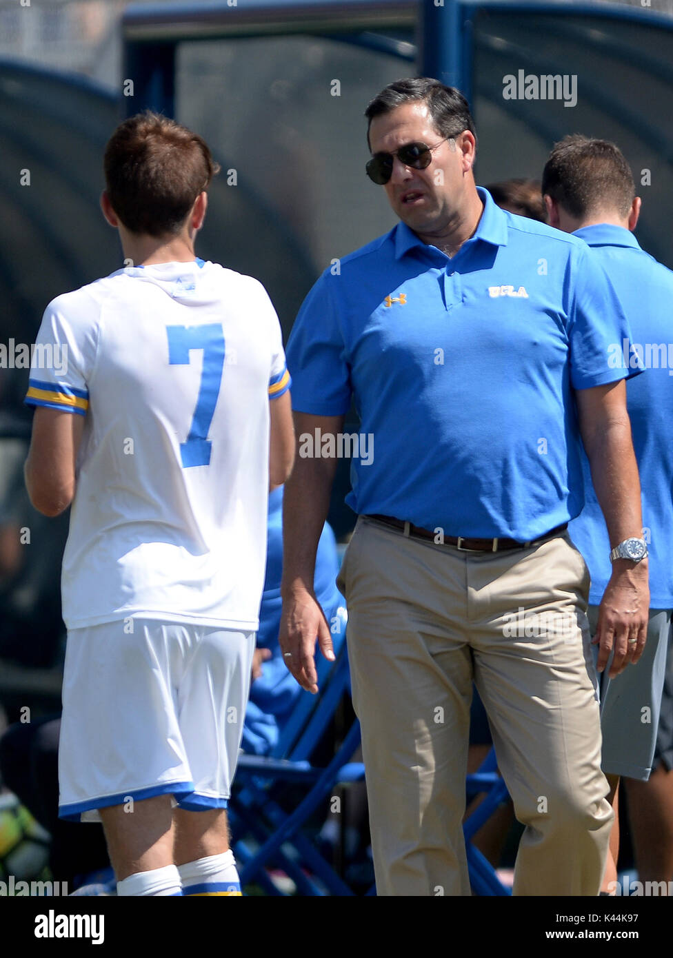 Washington Dc Usa 4th Sep 2017 20170904 Ucla Coach Jorge Salcedo Speaks With Ucla Forward Milan Iloski 7 During The Second Half Against Georgetown At Shaw Field In Washington Credit Chuck