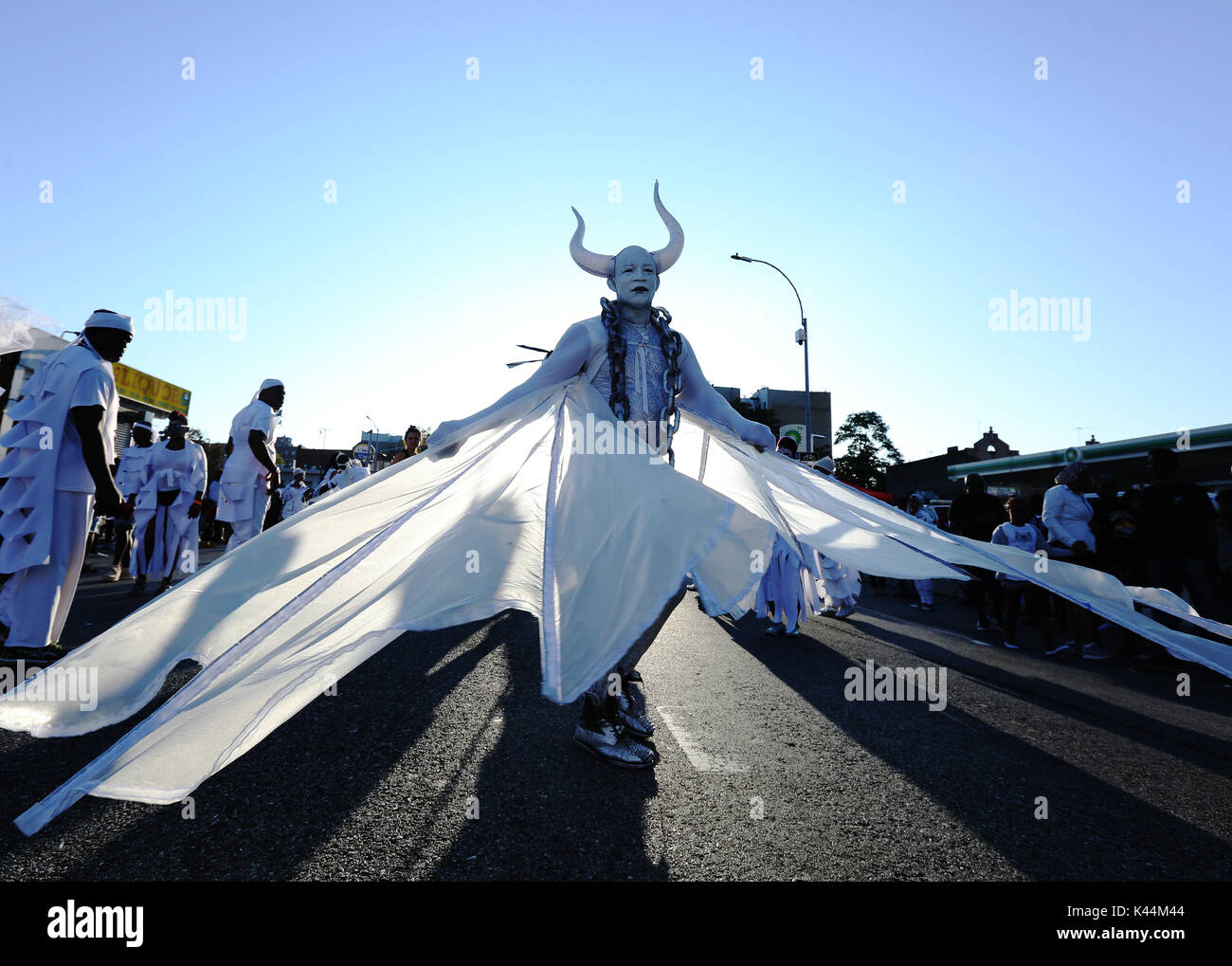 Brooklyn, USA. 4th Sept, 2017. Masquerader with the j'ouvert band Pagwah dances during the 50th Annual West Indian American Carnival in Brooklyn on Monday Sept 04, 2017 in New York, USA. Credit: SEAN DRAKES/Alamy Live News Stock Photo