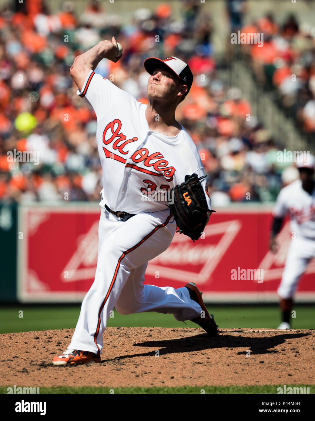 Baltimore, Maryland, USA. 04th Sep, 2017. Baltimore Orioles starting pitcher Dylan Bundy (37) throws during MLB game between New York Yankees and Baltimore Orioles at Oriole Park at Camden Yards in Baltimore, Maryland. Scott Taetsch/CSM/Alamy Live News Stock Photo