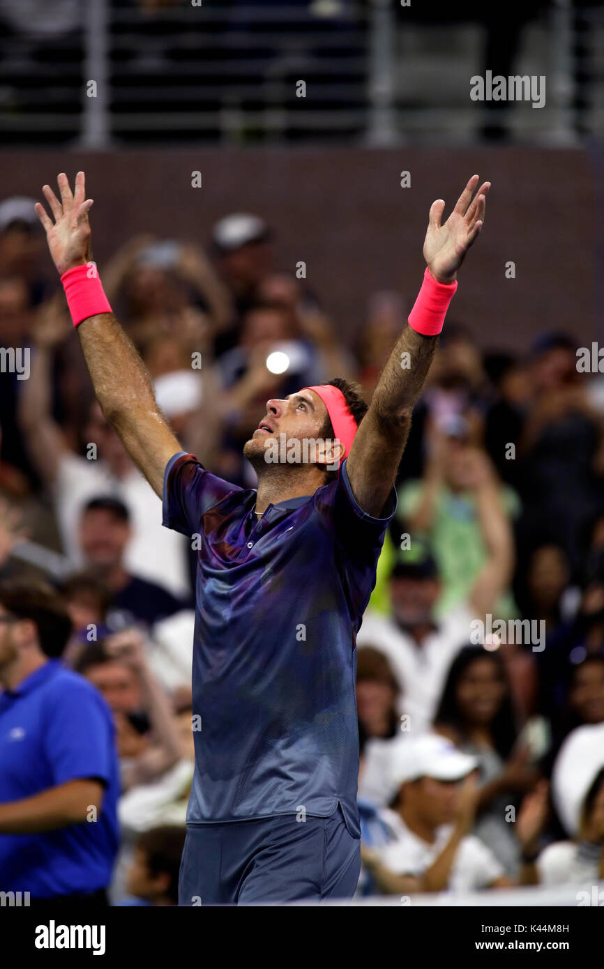 Flushing Meadow, New York, USA. 4th Sep, 2017. US Open Tennis: Juan Martin del Potro of Argentina exults after defeating number 6 seeded Dominic Thiem of Austria in five sets to advance to the quarterfinals at the US Open in Flushing Meadows, New York. Credit: Adam Stoltman/Alamy Live News Stock Photo