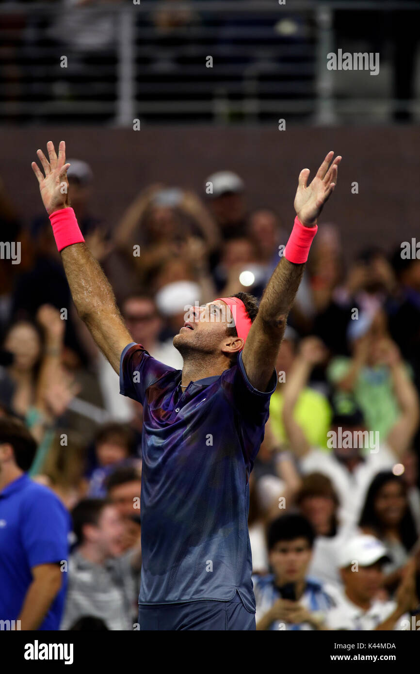 Flushing Meadow, New York, USA. 4th Sep, 2017. US Open Tennis: Juan Martin del Potro of Argentina exults after defeating number 6 seeded Dominic Thiem of Austria in five sets to advance to the quarterfinals at the US Open in Flushing Meadows, New York. Credit: Adam Stoltman/Alamy Live News Stock Photo