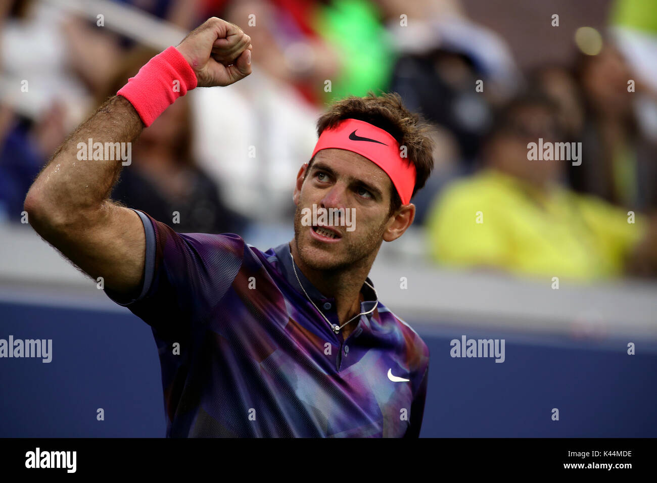 Flushing Meadow, New York, USA. 4th Sep, 2017. US Open Tennis: Juan Martin del Potro of Argentina celebrates a point during his fourth round match against number 6 seeded Dominic Thiem of Austria at the US Open in Flushing Meadows, New York. del Potro won the match in five sets to advance to the quarterfinals. Credit: Adam Stoltman/Alamy Live News Stock Photo