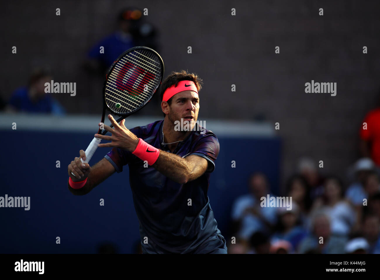 Flushing Meadow, New York, USA. 4th Sep, 2017. US Open Tennis: Juan Martin del Potro sets up a forehand to number 6 seeded Dominic Thiem of Austria in fourth round match at the US Open in Flushing Meadows, New York. del Potro won the match in five sets to advance to the quarterfinals. Credit: Adam Stoltman/Alamy Live News Stock Photo