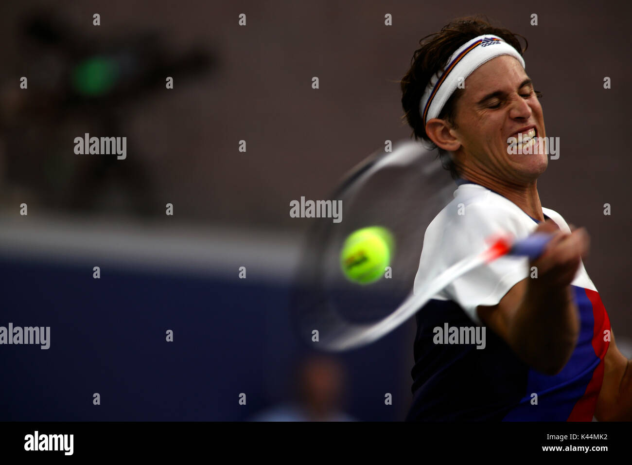 Flushing Meadows, New York, USA. 4th Sep, 2017. US Open Tennis: number 6 seeded Dominic Thiem of Austria strikes a forehand during his fourth round match against Juan Martin del Potro of Argentina at the US Open in Flushing Meadows, New York. del Potro won the match in five sets to advance to the quarterfinals. Credit: Adam Stoltman/Alamy Live News Stock Photo