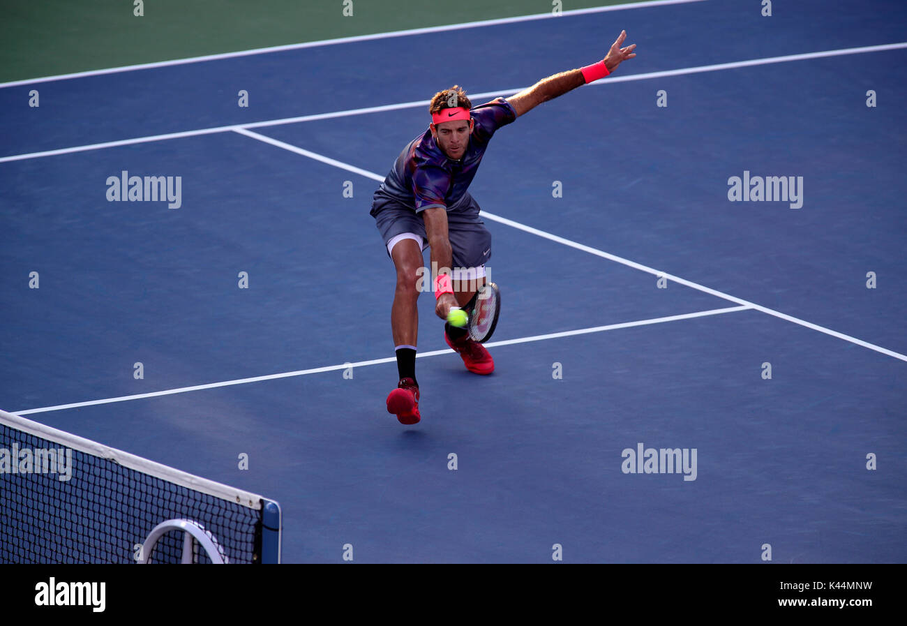 Flushing Meadow, New York, USA. 4th Sep, 2017. US Open Tennis: Juan Martin del Potro reaches for a volley during his fourth round match against number 6 seeded Dominic Thiem of Austria at the US Open in Flushing Meadows, New York. del Potro won the match in five sets to advance to the quarterfinals. Credit: Adam Stoltman/Alamy Live News Stock Photo