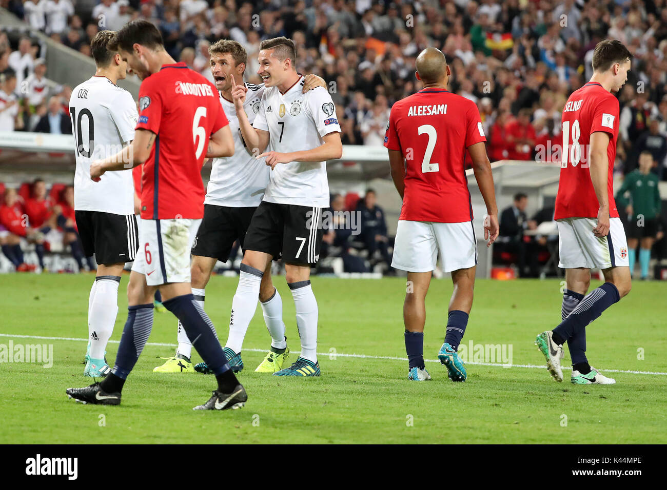 Stuttgart, Germany. 4th Sep, 2017. Germany's Julian Draxler (3rd R) celebrates after scoring during a 2018 World Cup qualification match between Germany and Norway in Stuttgart, Germany, on Sept. 4, 2017. Germany won 6-0. Credit: Ulrich Hufnagel/Xinhua/Alamy Live News Stock Photo