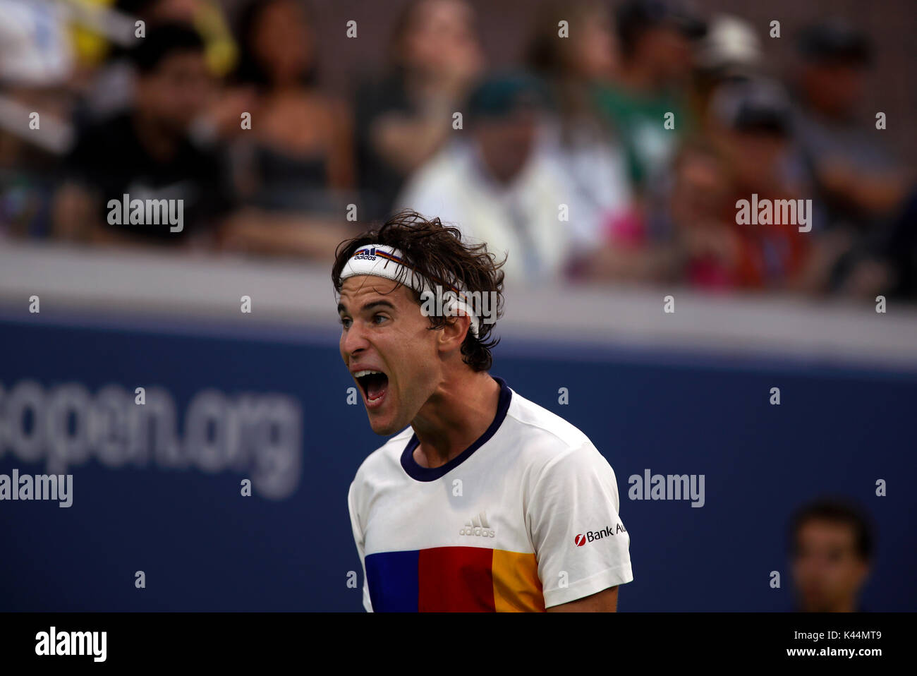 Flushing Meadows, New York, USA. 4th Sep, 2017. US Open Tennis: Number 6 seeded Dominic Thiem of Austria reacts to a point during his fourth round match against Juan Martin del Potro of Argentina at the US Open in Flushing Meadows, New York. del Potro won the match in five sets to advance to the quarterfinals. Credit: Adam Stoltman/Alamy Live News Stock Photo