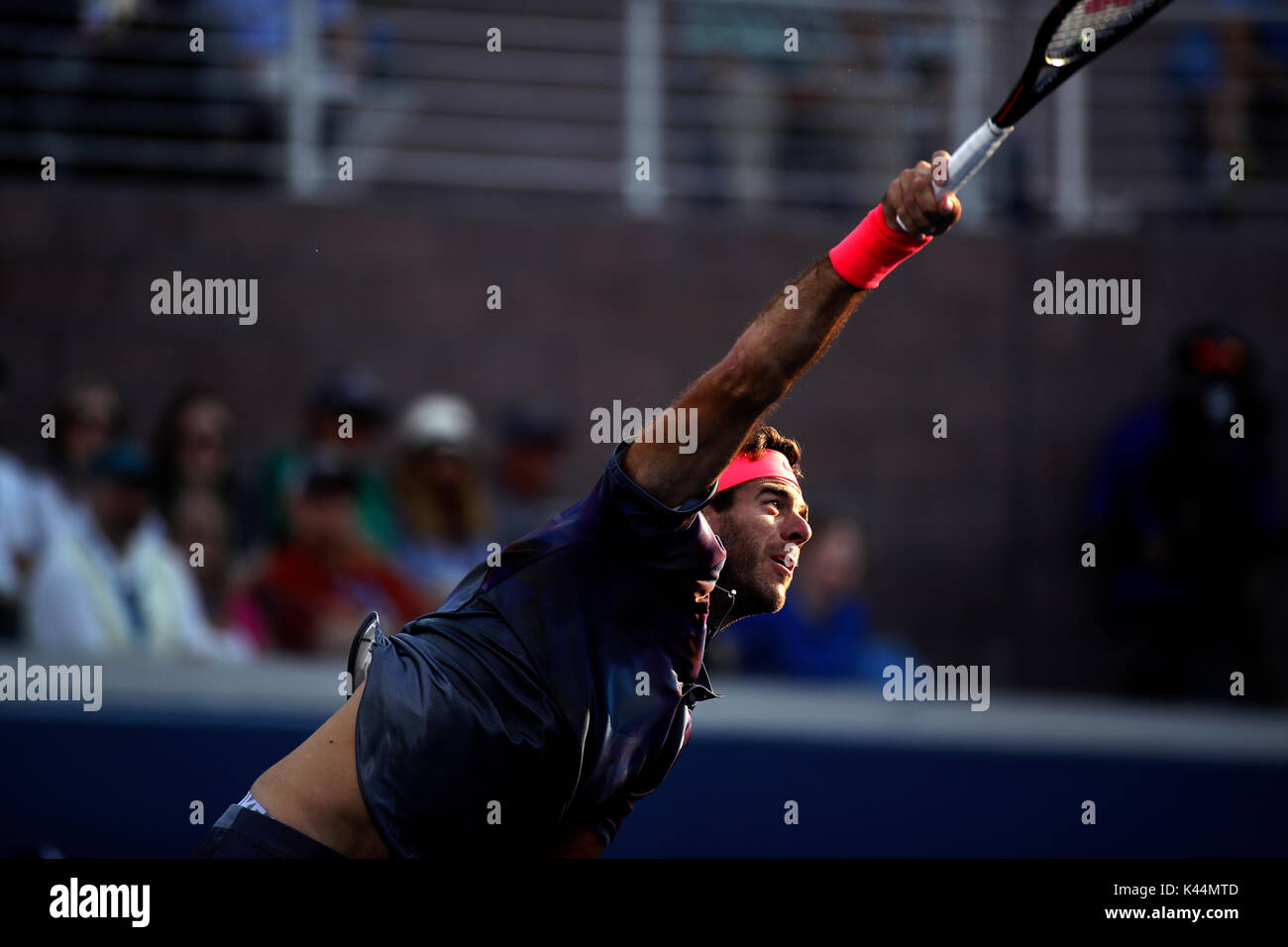 Flushing Meadow, New York, USA. 4th Sep, 2017. US Open Tennis: Juan Martin del Potro serving to number 6 seeded Dominic Thiem of Austria in fourth round match at the US Open in Flushing Meadows, New York. del Potro won the match in five sets to advance to the quarterfinals. Credit: Adam Stoltman/Alamy Live News Stock Photo