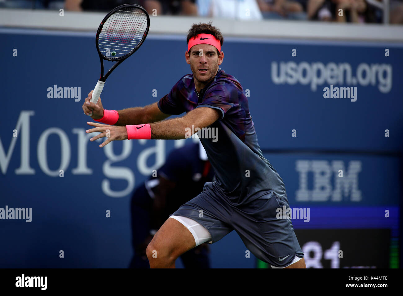 Flushing Meadow, New York, USA. 4th Sep, 2017. US Open Tennis: Juan Martin del Potro sets up a forehand to number 6 seeded Dominic Thiem of Austria in fourth round match at the US Open in Flushing Meadows, New York. del Potro won the match in five sets to advance to the quarterfinals. Credit: Adam Stoltman/Alamy Live News Stock Photo
