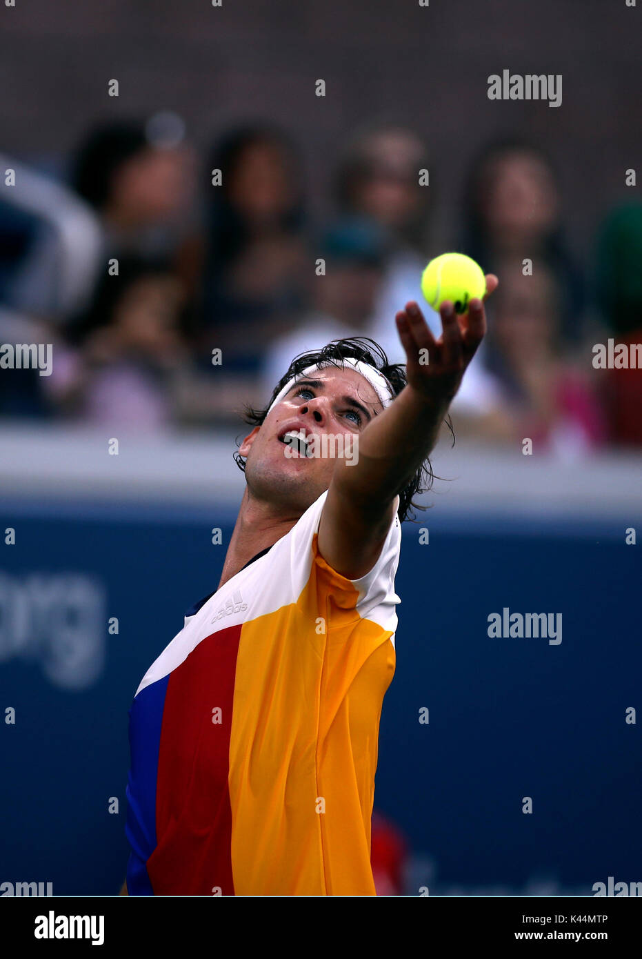 Flushing Meadows, New York, USA. 4th Sep, 2017. US Open Tennis: number 6 seeded Dominic Thiem of Austria serves during his fourth round match against Juan Martin del Potro of Argentina at the US Open in Flushing Meadows, New York. del Potro won the match in five sets to advance to the quarterfinals. Credit: Adam Stoltman/Alamy Live News Stock Photo