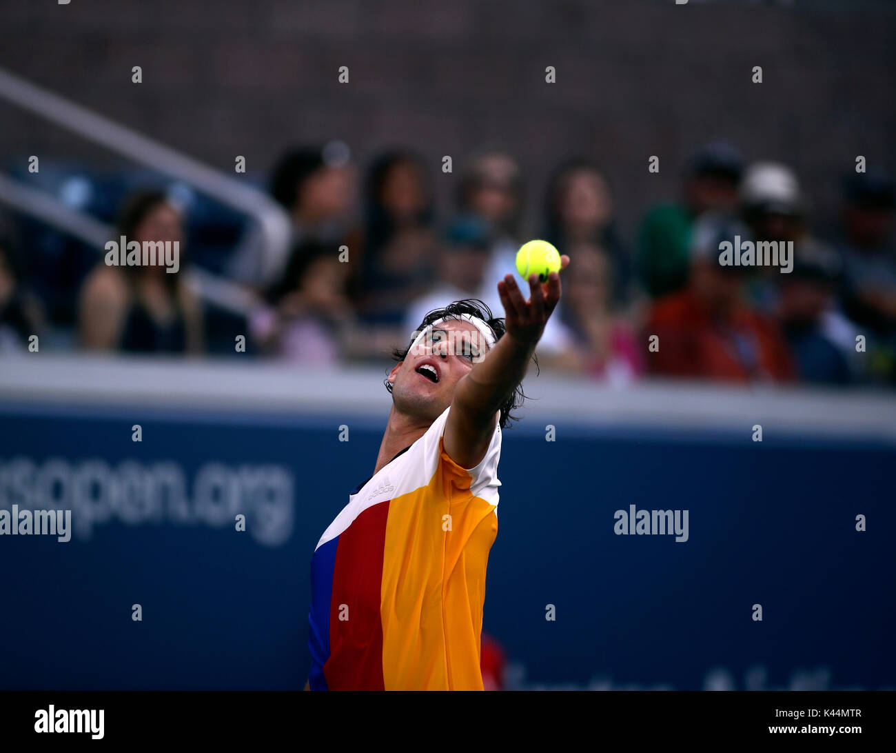 Flushing Meadows, New York, USA. 4th Sep, 2017. US Open Tennis: number 6 seeded Dominic Thiem of Austria serves during his fourth round match against Juan Martin del Potro of Argentina at the US Open in Flushing Meadows, New York. del Potro won the match in five sets to advance to the quarterfinals. Credit: Adam Stoltman/Alamy Live News Stock Photo