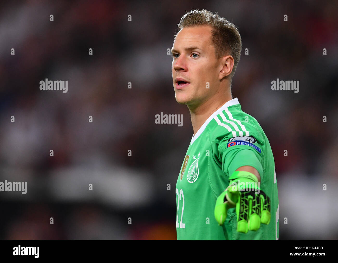 Germany's goalkeeper Marc-Andre ter Stegen during the soccer World Cup qualification group stage match between Germany and Norway in the Mercedes-Benz Arena in Stuttgart, Germany, 04 September 2017. Photo: Uwe Anspach/dpa Stock Photo
