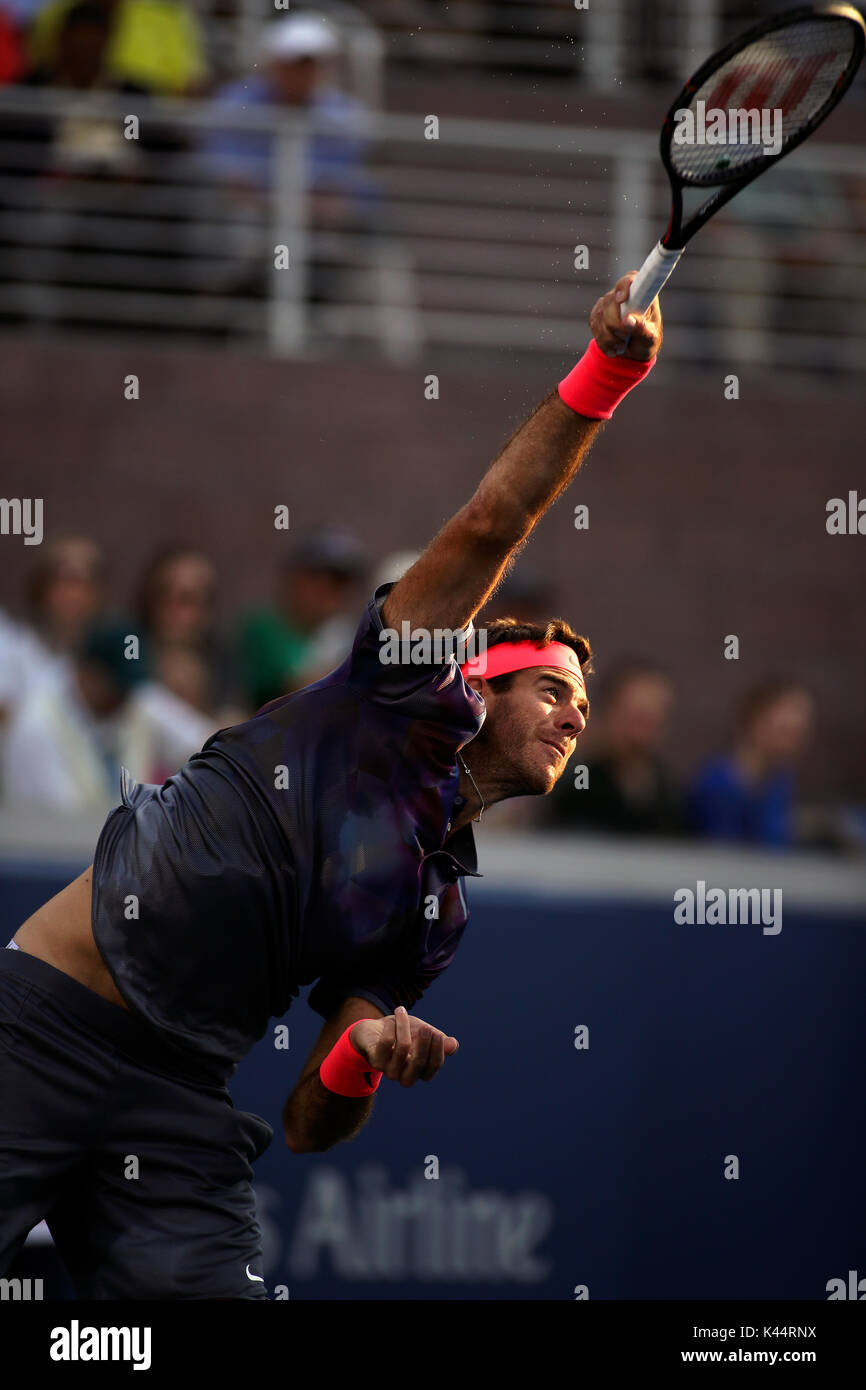New York, United States. 04th Sep, 2017. US Open Tennis: New York, 4 September, 2017 - Juan Martin del Potro serving to number 6 seeded Dominic Thiem of Austria in fourth round match at the US Open in Flushing Meadows, New York. del Potro won the match in five sets to advance to the quarterfinals. Credit: Adam Stoltman/Alamy Live News Stock Photo