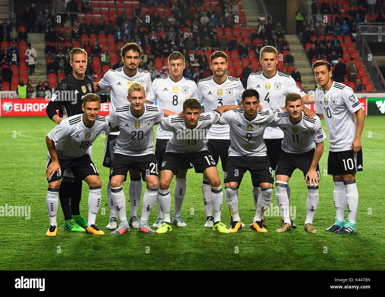 Prague, Czech Republic. 01st Sep, 2017. Germany national team pose before the Football world qualifier, Group C, match Czech Republic vs Germany, in Prague, Czech Republic, on Friday, September 1st, 2017. Upper row left to right: Marc-Andre ter Stegen, Mats Hummels, Toni Kroos, Jonas Hector, Matthias Ginter, front row left to right: Joshua Kimmich, Julian Brandt, Thomas Muller, Lars Stindl, Timo Werner and Mesut Ozil. Credit: Michal Krumphanzl/CTK Photo/Alamy Live News Stock Photo