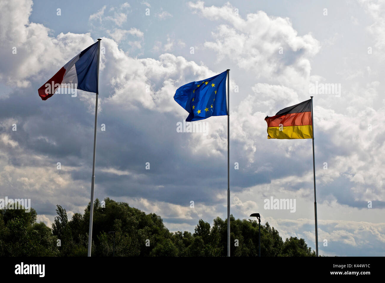 French German And Eu Flags Fly On The Germanfrance Border Near Strasbourg K44W1C 