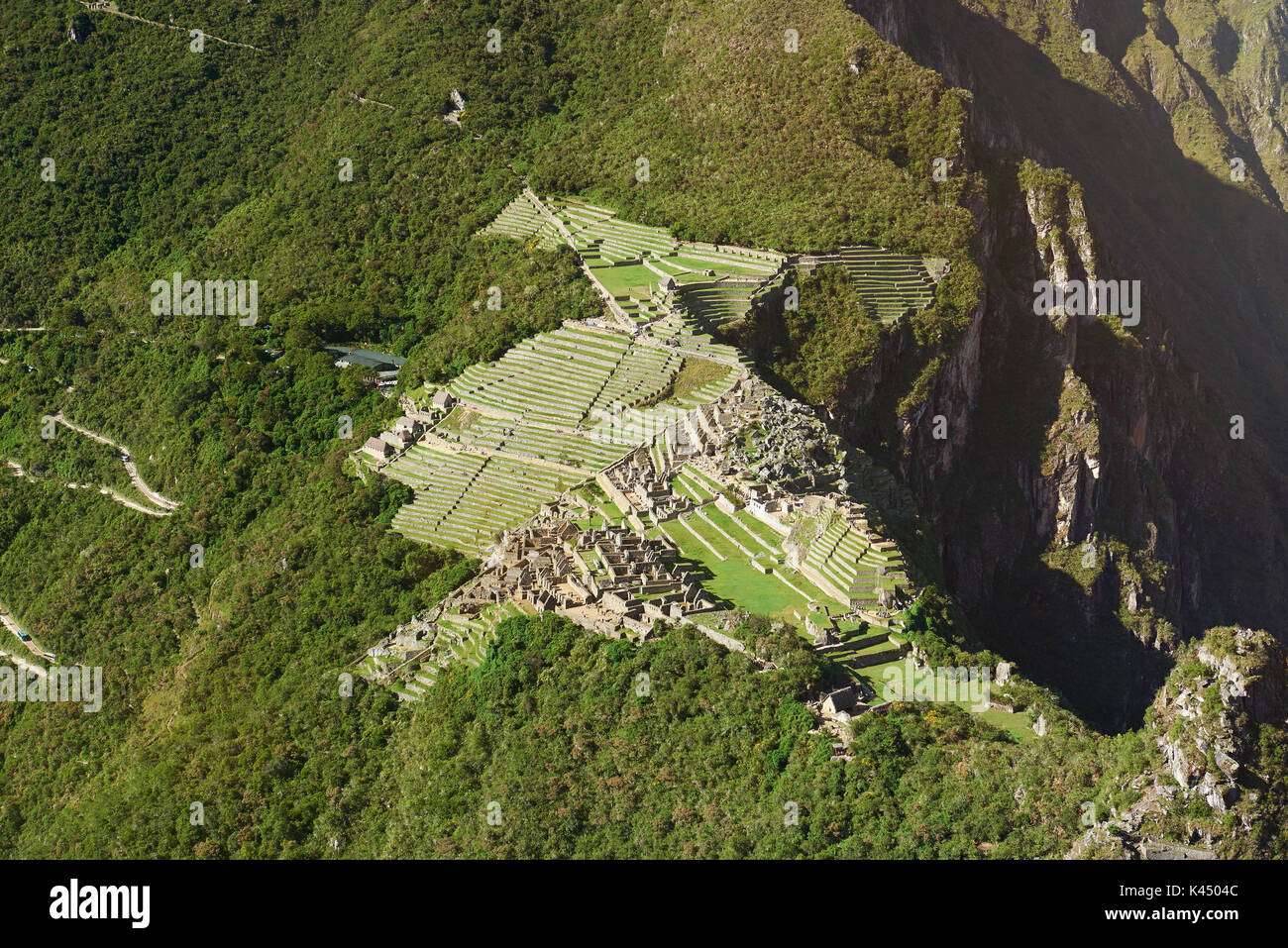 Aerial view on Machu Picchu ancient stone town in mountain landscape Stock Photo