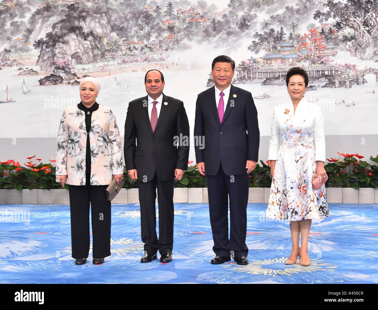 Xiamen, China - 4 September 2017 - Egyptian President Sisi meets with Chinese President Xi Jinping at the Brics Summit.  The ninth edition of the BRICS Summit is centered around the theme of 'Stronger Parternership for a Brighter Future.  This year guest nations Egypt, Kenya, Tajikistan, Mexico and Thailand will join the grouping under a 'BRICS Plus' approach. (Pool Photo) Stock Photo