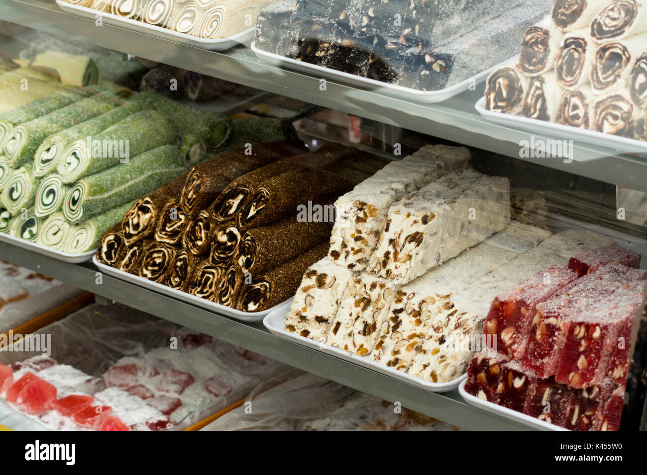 Market stall shop selling Colourful Turkish Delight in Side Turkey Stock Photo