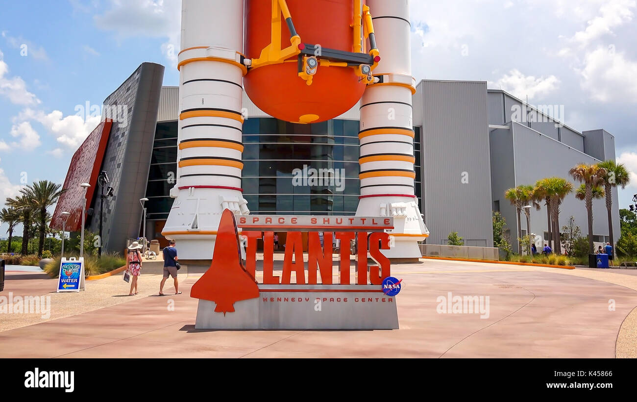 The space shuttle Atlantis exhibit sign at the Kennedy Space Center Visitor Complex in Cape Canaveral, Florida Stock Photo