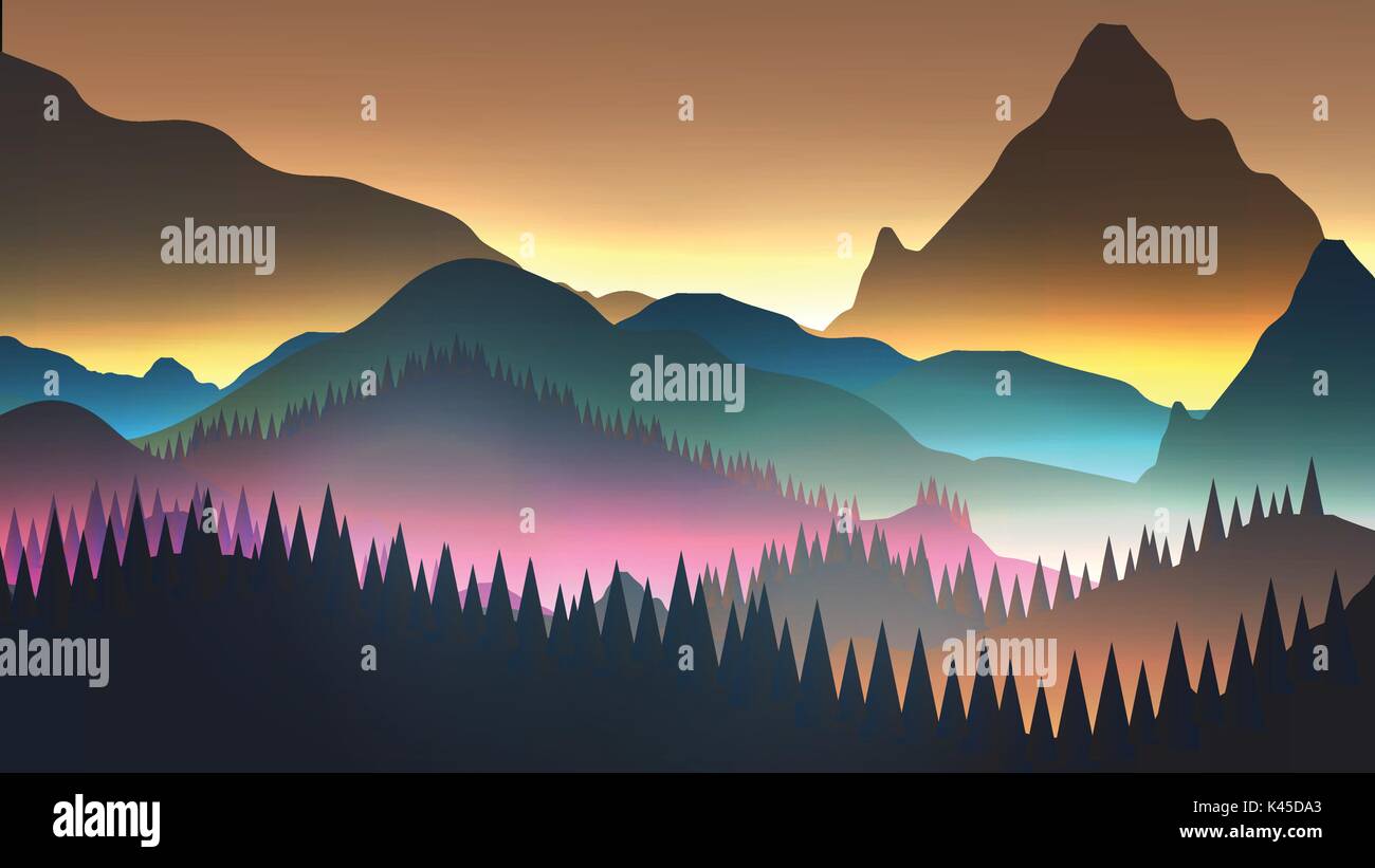 Abstract Sunrise Mountains with Lake and Pine Forest - Vector ...