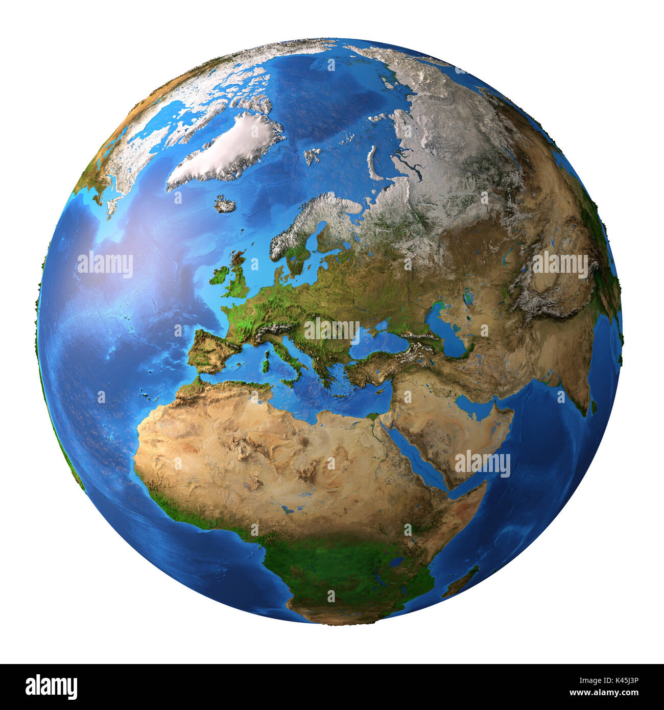 Planet earth. High detailed satellite view of the Earth and its landforms, isolated on white background. 3D illustration, elements of this image furni Stock Photo