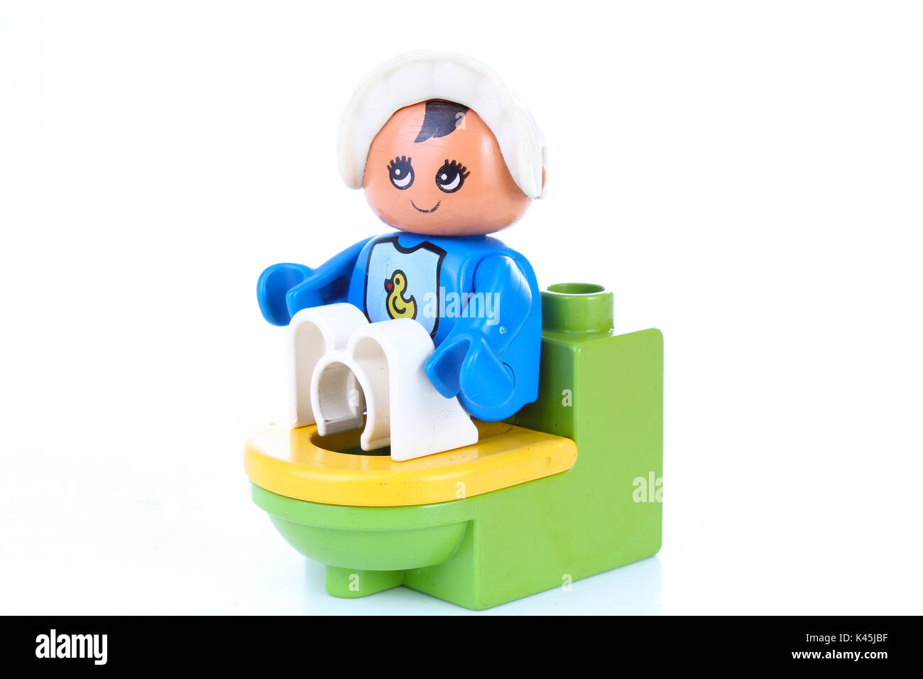 Baby kid child on wc. Children first toilet use or learning how to use toilet illustration. Stock Photo