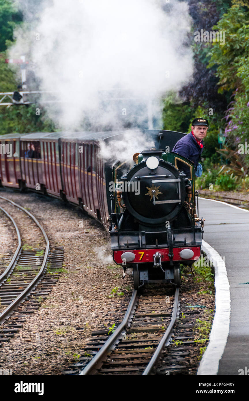 Locomotive 7 Typhoon of the Romney Hythe & Dymchurch Railway approaching Hythe station. Stock Photo