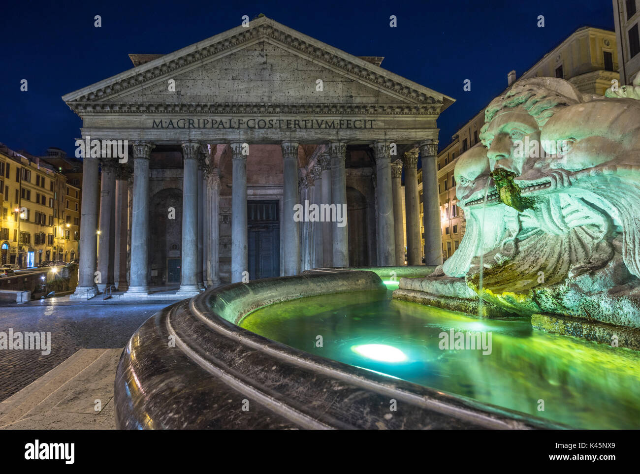 Rome, Lazio, Italy. The Fontana del Pantheon at night, on the background the Pantheon Stock Photo