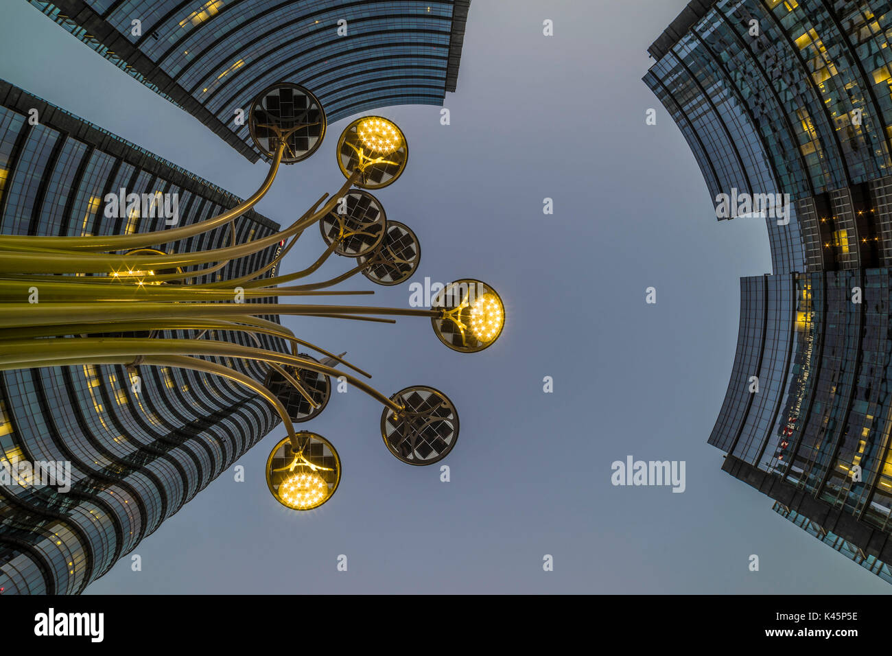 Gae Aulenti Square with iconic streetlights. Milan, Lombardy, Italy. Stock Photo