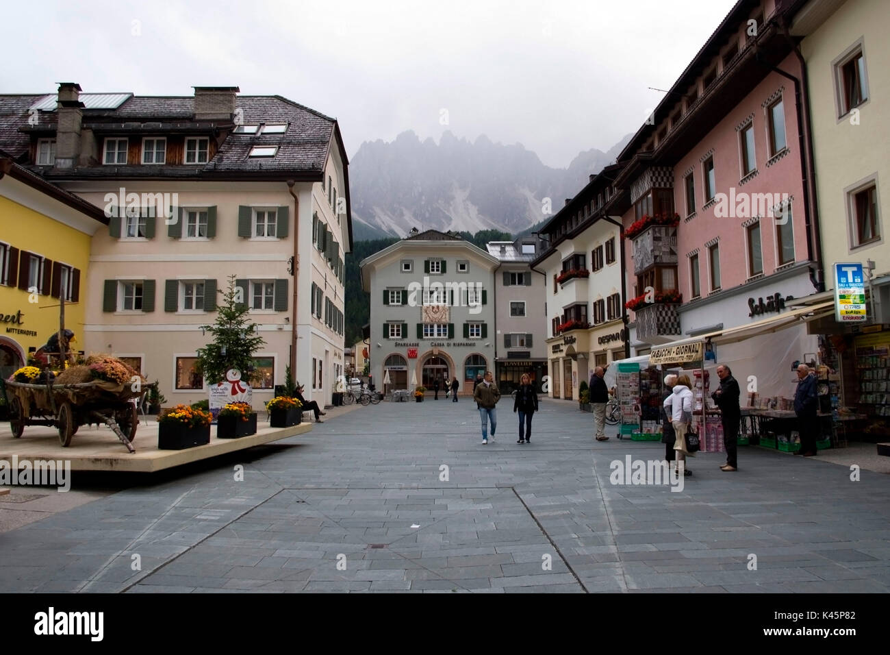 Europe, Italy, Trentino, Val Pusteria, Bolzano district, San Candido village. Centre of the mountain village. Stock Photo